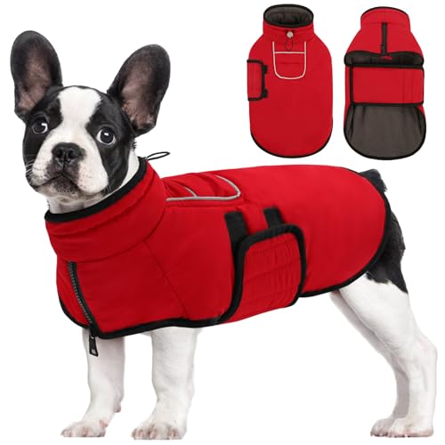 AOFITEE Winter Coat, Waterproof Jacket With Harness Hole, Warm Fleece Puffer Jacket, Reflective Windproof Snowsuit for Small Medium Large Dogs, Dachshund, French Bulldog, L - color: Red, size: Large