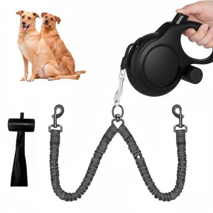 Dual Retractable Dog Leash 2 Large Dogs (Up to 66 Lbs Each), 2 Headed Pet Leash with Poop Bags, 16ft/5m Extension, Non-Slip Grip, One-Button Break & Lock, 360-degree Tangle-Free (Black, Medium) - color: Black, size: Medium