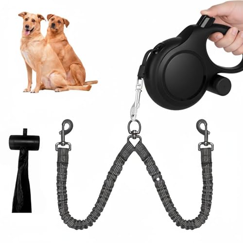 Dual Retractable Dog Leash 2 Large Dogs (Up to 66 Lbs Each), 2 Headed Pet Leash with Poop Bags, 16ft/5m Extension, Non-Slip Grip, One-Button Break & Lock, 360-degree Tangle-Free (Black, Medium) - color: Black, size: Medium