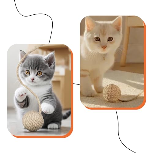 2 Inch Cat Toy Ball with 10 Inch Sisal Rope Wrapping & Quiet Bell - Natural Sisal Material for Endless Feline Fun