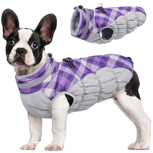 FUAMEY Dog Coat for Small Dogs,Waterproof Dog Winter Jacket with Harness Built in Puppy Cold Weather Coats Reflective Pet Vest with Zipper Warm Fleece Dogs Snowsuit Windproof Purple Plaid XS - color: Purple Plaid, size: XS(chest:14in)