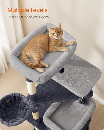 Feandrea Cat Tree, 60-Inch Cat Tower, Multiple-Level Plush Condo with 2 Caves, 3 Scratching Posts, 3 Perches, Dark Gray UPCT007G02 - color: Dark Gray