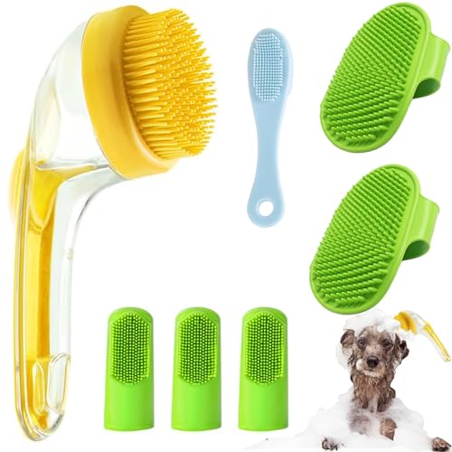 7 PCS Pet Bath Brush Set, Dog Bath Brush with Shampoo Dispenser, Cat Chin Cleaning Brush, Dog Toothbrush, Adjustable Glove Massage Brush, Pet Scrubber for Bathing Long Short Haired Dogs Cats (Yellow) - color: Yellow