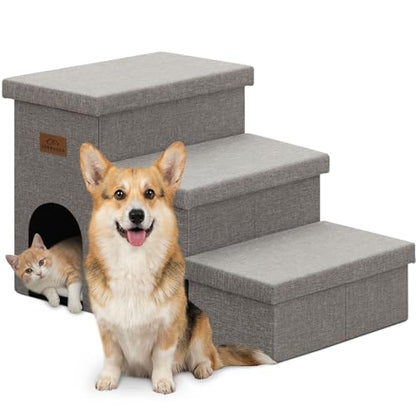Zerbuger Dog Stairs 18" H, 3-Step Wider Dog Steps for High Beds Couch, Folding Storage Pet Stairs Gift for Small/Medium/Large Old Dogs Cats, Ramp for Climbing Car Up to 200 lbs, (Gray, with Condo)