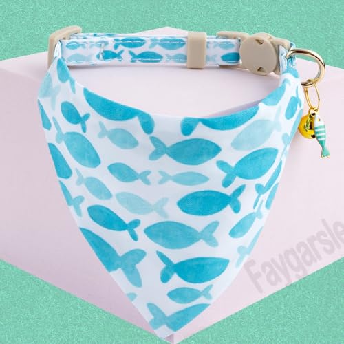 Faygarsle 2 Pack Fish Pattern Cat Collar Set with Bow Tie and Bandana, Light Blue and White, Breakaway Safety Collar with Bell - color: Blue Fish