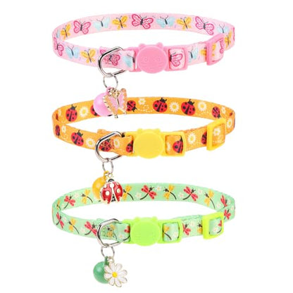 Breakaway Cat Collars with Bell & Cute Pendants, 3 Pack Safety Buckle Kitten Collars, Adjustable Pet Collar Ideal for Girl Boy Cats Puppy (Style A - Insect) - color: Style A - Insect