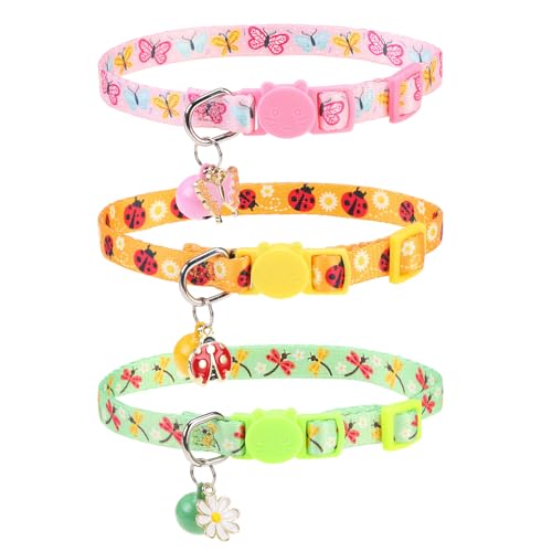 Breakaway Cat Collars with Bell & Cute Pendants, 3 Pack Safety Buckle Kitten Collars, Adjustable Pet Collar Ideal for Girl Boy Cats Puppy (Style A - Insect) - color: Style A - Insect