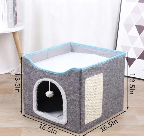 Modern Indoor Cat House Cube with Scratching Post and Play Ball, Easy to fold, disassemble, and Clean，Compact Pet Apartment for Small Cats (Dark Grey) - color: Dark Grey