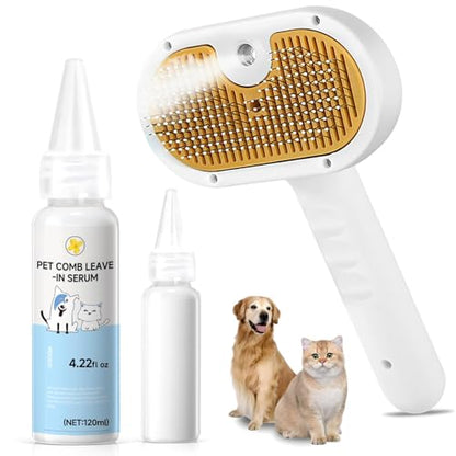 Pet Steam Brush for Dog & Cat – 3-in-1 Spray Hair Removal Comb for Shedding & Grooming, Softens Fur & Reduces Static – Water Brush for Long & Short Coats, Bath-Hating Pets, Includes Waterless Shampoo - size: 7.8″-120ml