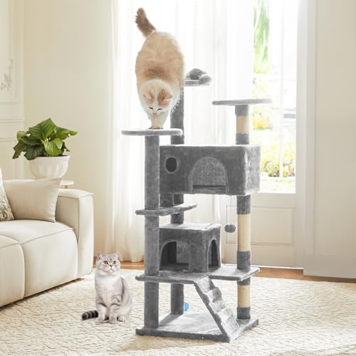 DUMOS 54 Inch Cat Tree Tower, Indoor Multi-Level Pet House for Large Cats with 2 Condos, Scratching Posts, Round Platform, Small Ladder, and Toys, Light Grey - color: Light Grey, size: 54"x20"Lx 20"
