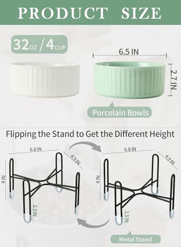32 OZ Ceramic Dog Cat Bowls with Elevated Metal Stand, 2 Heights Elevated, 6.5 Inch Ceramic Round Pet Food and Water Feeder Bowl Dish for Cats & Dogs, White & Green - color: White & Green