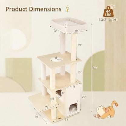 Tangkula Tall Cat Tree, 63 Inch Multi-Level Wood Cat Tower with Sisal Scratching Posts & Mat, 2-Story Condo, Plush Padded Top Perch, Dangling Ball, Modern Cat Tree Tower for Indoor Cats Large Adult - size: 63 Inch