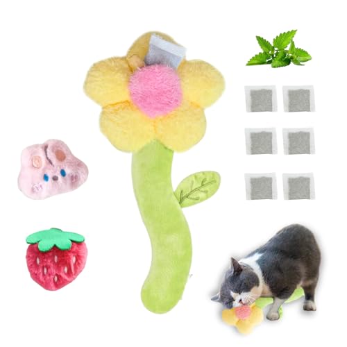 CECE PAW 3 PCS Catnip Toys, Includes 6-Pack Catnip Pouches, Catnip Refillable Interactive Cat Toy with Crinkle Sound, Bunny Easter Kicker Toy for Indoor Cats, Chew, Food Puzzle for Kitten Enrichment - color: Flower Toy + Catnip, size: Cat