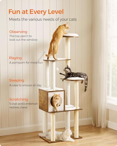 Feandrea Cat Tree, 64.6-Inch Modern Cat Tower, Multi-Level Condo with 5 Scratching Posts, Perch, Washable Removable Cushions, Cave, Rustic Brown UPCT166X01 - color: Rustic Brown