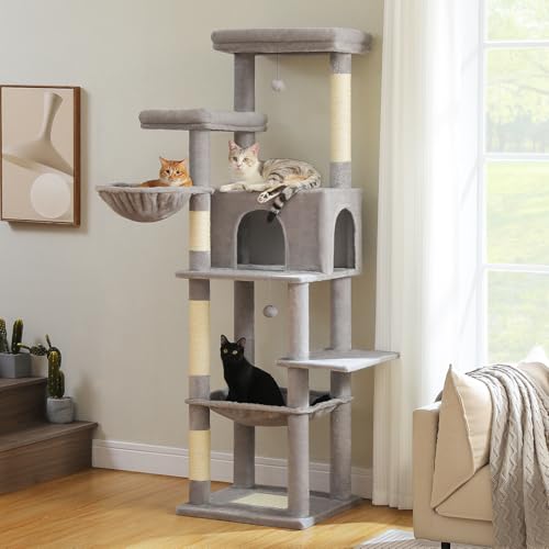 PAWZ Road Tall Cat Tree, 73 Inches Large Cat Tower with Large Padded Perch,2 Spacious Hammocks,8 Long Scratching Posts, XL Plush Cat Condo for Indoor Adult Cats,Gray - color: Gray, size: 73"