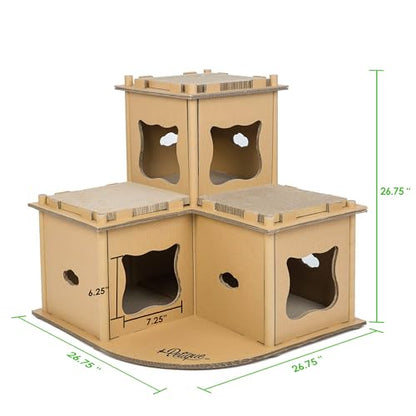 PETIQUE Feline Fortress Cat House: Eco-Friendly, Cat-Shaped Entrances, Fish-Shaped Handles, 7 Reversible Scratchboards, Lightweight, Easy Assembly, Sustainable, Compostable, Supports UP to 30LBS - style: Feline Fortress