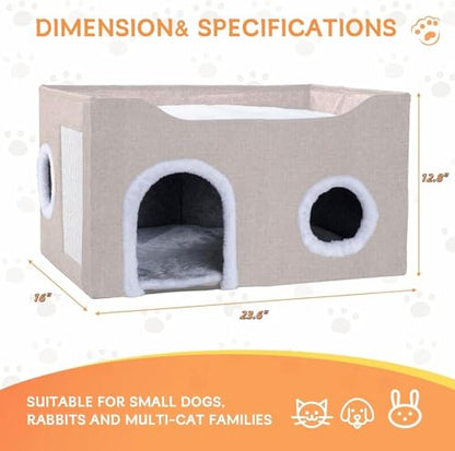 Cat House for Indoor Cats – Foldable Cat Cave & Covered Cat Bed, Cozy Hideaway for Small Pets and Large Cats (23.6"x16"x12.8"),Beige - style: Beige