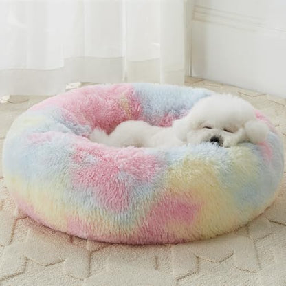 WNPETHOME Calming Dog Bed Cat Bed Donut, Faux Fur Pet Bed Self-Warming Donut Cuddler, Comfortable Round Plush Dog Beds (20 x 20 x 8 Inch, Rainbow) - color: Rainbow, size: 20"L x 20"W x 8"Th