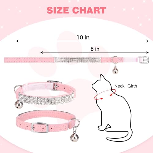 BINGPET Diamond Cat Collar with Bell, Adjustable Soft Velvet Bling Rhinestone Cat Collar, Sparkly Kitten Collar with Safety Elastic & Metal Buckle for Small Medium Cats - color: Pink(Rhinestones), size: Neck Girth 8"-10"