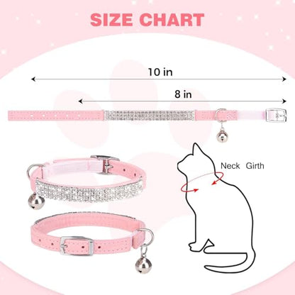 BINGPET Diamond Cat Collar with Bell, Adjustable Soft Velvet Bling Rhinestone Cat Collar, Sparkly Kitten Collar with Safety Elastic & Metal Buckle for Small Medium Cats - color: Pink(Rhinestones), size: Neck Girth 8"-10"