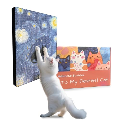 Art Cat Scratching Pad,Wall Scratcher for Indoor Cats - 16.54x11.81x1.18 Inches, Double-Sided Use, Cat Cardboard Scratcher Fits All Breeds & Sizes, Easy to Install,Cat Gifts - color: Starry Night Black Cat Sky
