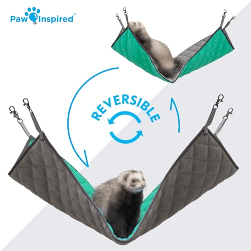 Paw Inspired Hanging Fleece Hammock for Ferrets, Rats, Chinchillas, Sugar Gliders, Cats, Small Pets | Hideout Toy for Guinea Pigs, Hamsters | Swivel Clips for Small Animal Cages (Gray/Green) - color: Gray/Green