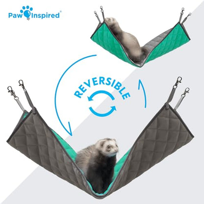 Paw Inspired Hanging Fleece Hammock for Ferrets, Rats, Chinchillas, Sugar Gliders, Cats, Small Pets | Hideout Toy for Guinea Pigs, Hamsters | Swivel Clips for Small Animal Cages (Gray/Green) - color: Gray/Green