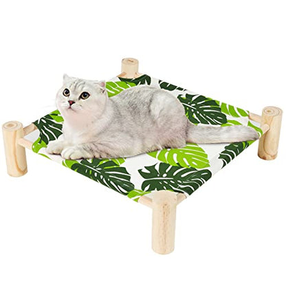 Cat and Dog Hammock Bed for Small Dogs, Brethable Wooden Cat Pet Rabbit Elevated Cooling Outdoor Bed Cots Furniture for Summer Monstera Leaf - color: Monstera Leaf