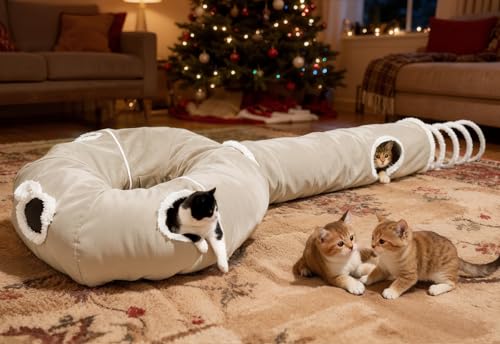 Ownpets 2-in-1 Cat Tunnel, Large Lollipop Shape Cat Tunnel Toy with Fluffy Balls, Spiral Toy, Plush Collapsible Cat Cave Hideout Donut Tunnel for Multi Kitten Puppy Rabbit (Beige) - color: Beige