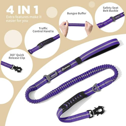 Heavy Duty Tactical Dog Leash, 4-6FT Shock Absorbing Bungee Lead with 2 Padded Handles, Metal Carabiner & Seatbelt Clip, Reflective No-Pull Leash for Medium/Large Dogs Purple - color: Purple
