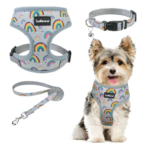 SCENEREAL Small Dog Harness Collar and Leash Set, Adjustable No Pull Pet Harnesses, No Chock Soft Mesh Vest for Doggie Puppy Medium Dogs Cats Girl or Boy,Chihuahua, Yorkie, Outdoor Walking - color: Gray-Rainbow (With Collar), size: XS: Chest Girth: 10"-14