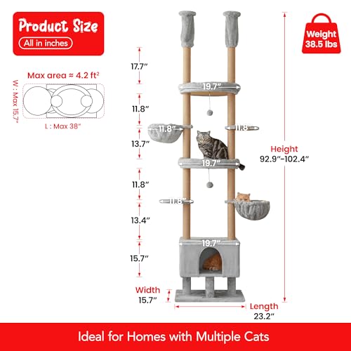 Cat Tree, Floor to Ceiling Cat Tower Adjustable Height [92.9-102.4in=235-258cm], 7 Tiers Cat Climbing Play House with Fully Sisal Scratching Post,Cozy Condo&Hammocks for Indoor Cats,Light Grey - color: Light Grey2.0