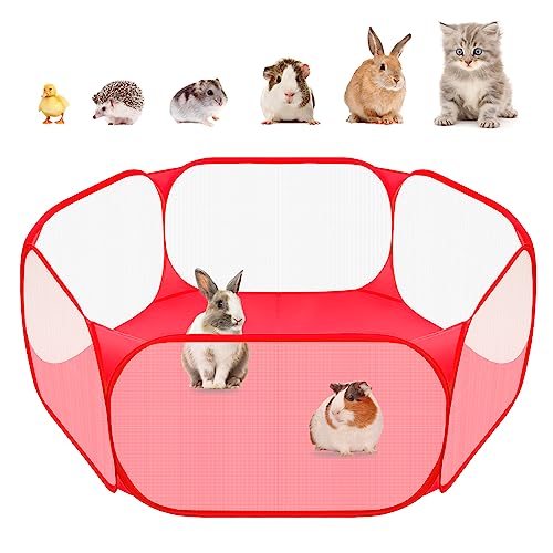 Amakunft Small Animal Playpen, Pop-Up Portable Play Yard for Guinea Pigs, Rabbits, Hamsters, Hedgehogs, Foldable Exercise Fence with Breathable Mesh for Indoor Outdoor Use - color: Red