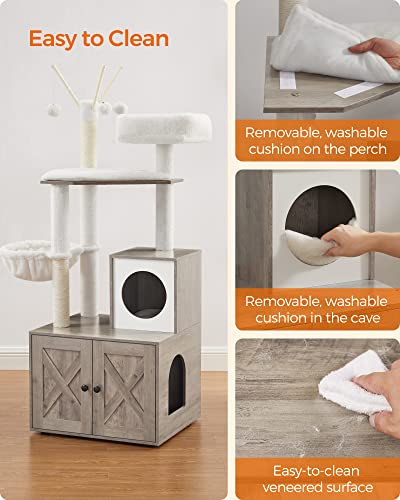 Feandrea Cat Tree with Litter Box Enclosure, 59-Inch Modern Cat Tower, 2-in-1 Condo with Scratching Posts, Washable Removable Cushion, Greige UPCT113G01 - color: Greige