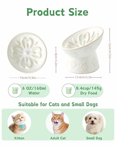 Ceramic Slow Feeder Cat Bowl, 15° Tilted Elevated Cat Slow Eating Bowl for Neck Protection, Anti Vomiting Dog Slow Feeder, Whisker Friendly & No Black Chin for Cats and Small Dogs, Jun Blanc - color: 03-Jun Blanc