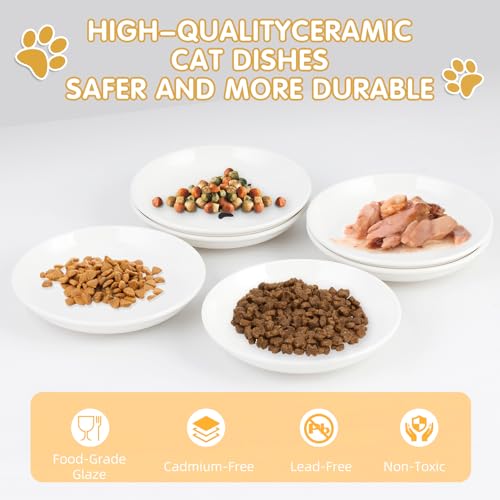 6 Pack Cat Food Bowl, Ceramic Cat Bowls, Anti Whisker Fatigue Cats Bowl Set,5.5 Inches Shallow Wide Kitten Plates for Food and Water (White-C) - color: White-C
