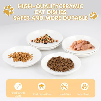 6 Pack Cat Food Bowl, Ceramic Cat Bowls, Anti Whisker Fatigue Cats Bowl Set,5.5 Inches Shallow Wide Kitten Plates for Food and Water (White-C) - color: White-C
