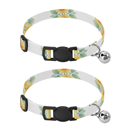 Yellow Sunflowers Green Leaves Kitten Collar with Bell 2 Pack Small Dog Collar Adjustable 10.6 to 17.1 Inches - color: Yellow Sunflowers Green Leaves