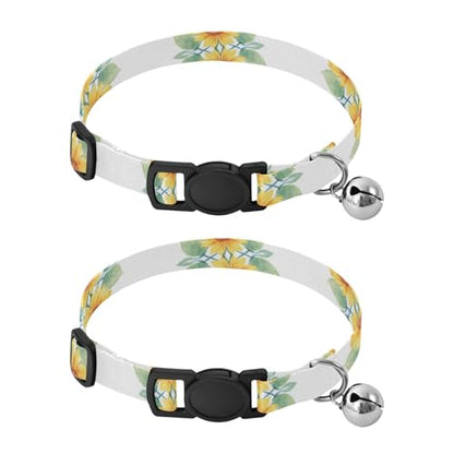 Yellow Sunflowers Green Leaves Kitten Collar with Bell 2 Pack Small Dog Collar Adjustable 10.6 to 17.1 Inches - color: Yellow Sunflowers Green Leaves