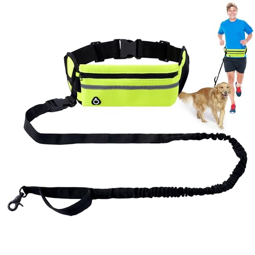 Hands Free Dog Leash - Waist Running Leashes with Zipper Pouch, Adjustable Reflective Waist Belt, Dualc Handle Retractable Bungee for Small Medium Large Dogs Walking Jogging (Green 4.1-7.2ft) - color: Green