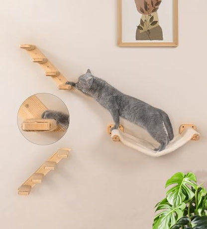 Cat Stairs Hammock Set of 3 – Cat Wall Shelves with 1 Floating Fabric Hammock, 2 Wall Ladders with 4 Steps Each - color: 3 in 1 Hammock
