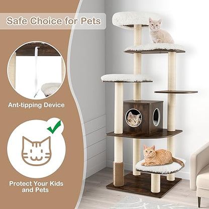 PETSITE Tall Cat Tree for Indoor Cats, 71 Inches Multi-Level Modern Cat Tower with Plush Perch, Cozy Condo, Platforms, Sisal Scratching Posts, EVA Massage Comb & Removable Cushions (Brown) - color: Brown