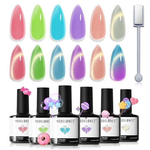 modelones Cat Eye Gel Nail Polish, 6 Colors Jelly Neon Set with Magnet Sparkle Galaxy Series Nail Gel Polish Kit Soak Off Led Nail Art Manicure Salon DIY Gifts - color: A-1 Glassy Reverie