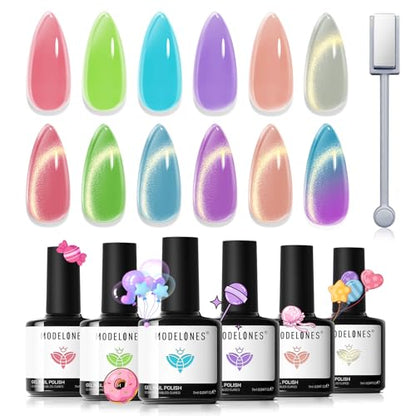 modelones Cat Eye Gel Nail Polish, 6 Colors Jelly Neon Set with Magnet Sparkle Galaxy Series Nail Gel Polish Kit Soak Off Led Nail Art Manicure Salon DIY Gifts - color: A-1 Glassy Reverie