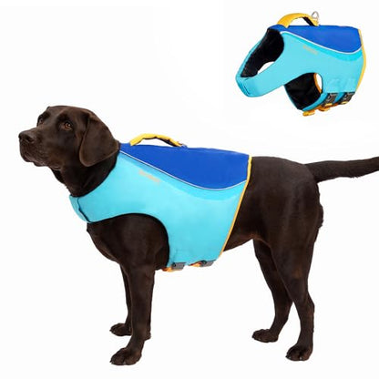 Tuff Pupper Dog Life Jacket | High Buoyancy Dog Swim Vest with Rescue Handle | Adjustable Secure Fit | Reflective Safety Trim | Pet Flotation Jacket for Swimming Boating Kayaking (Blue/Yellow, XL) - size: X-Large