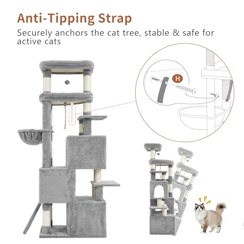 Heybly Cat Tree, 74-Inch Streamlined Cat Tower for Large Cats with 3-Tier Stacked Condos, Cat Furniture with Large Perch, Sturdy Base, Full Sisal Scratching Posts & Ramp, Light Gray HCT061W - color: Light Gray