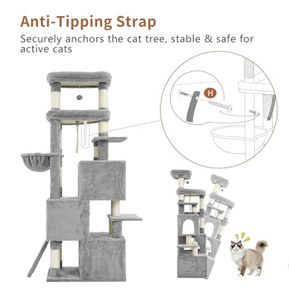 Heybly Cat Tree, 74-Inch Streamlined Cat Tower for Large Cats with 3-Tier Stacked Condos, Cat Furniture with Large Perch, Sturdy Base, Full Sisal Scratching Posts & Ramp, Light Gray HCT061W - color: Light Gray