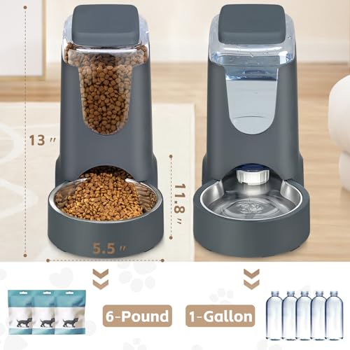 Automatic Cat Feeder and Water Dispenser with Stainless Steel Bowl Dog Gravity Food Feeder and Waterer for Small Medium Pets Puppy Kitten 1 Gallon x 2 - color: Charcoal gray（3.8L*2）