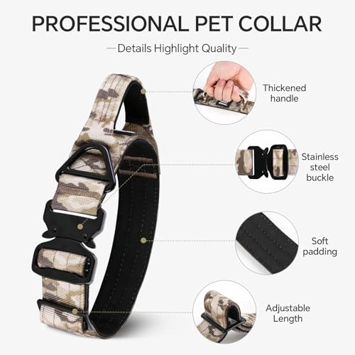 Tactical Dog Collar, Adjustable Military Collar with Handle and Heavy Duty Metal Buckle, Thick Dog Collars for Medium and Large Dogs (Khaki Camouflage, M) - color: Khaki-Camo, size: M