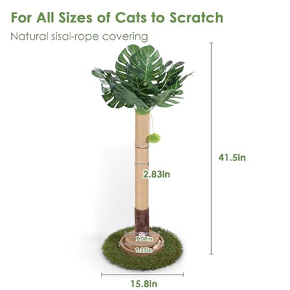 Cat Scratching Post, 35 Inch Tall Cat Scratcher Cat Tree Tower with Hanging Ball for Indoor Cats Adults,Sisal Rope Kitten Scratch with Interactive Mouse Cat Toy (41in, Monstera)